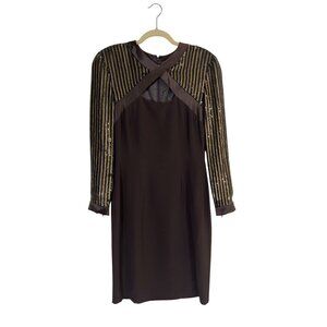 Vintage Escada Couture Brown Silk Dress Gold Sequin Sleeves Size 36 / US 4